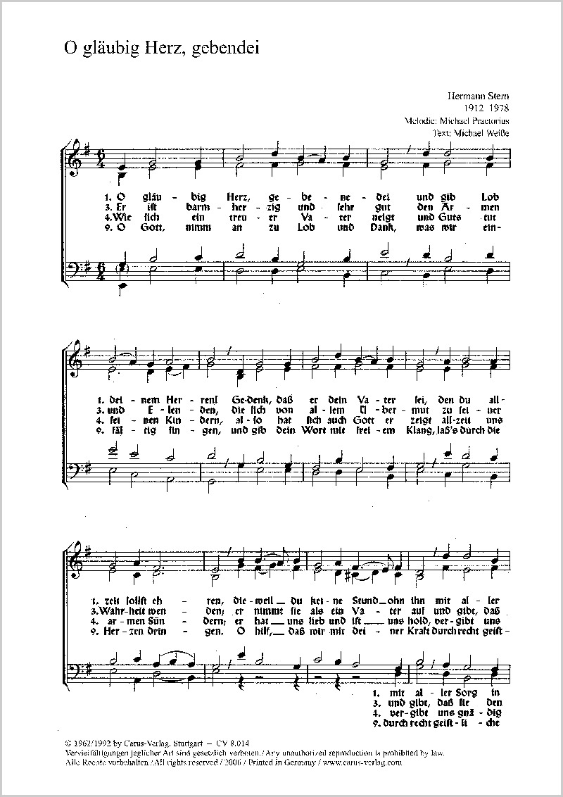 Hermann Stern O Glaubig Herz Gebenedei Full Score Carus Verlag